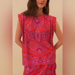 Farm Rio: Red and pink Paisley Scarf Shoulder Pad
Blouse
